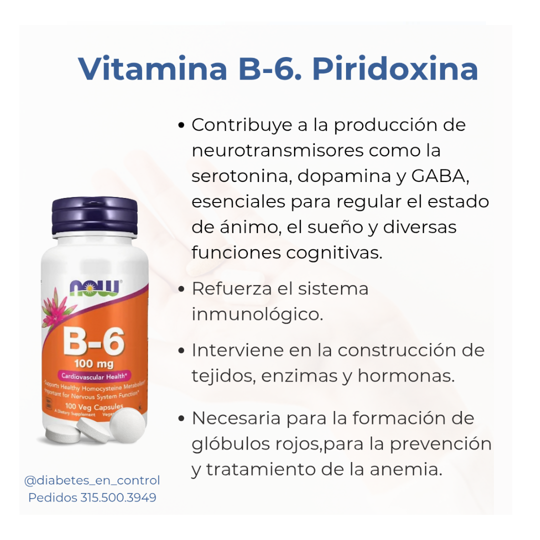Vitamina B6. Piridoxina. 100 mg. 100 cápsulas. Now - Imagen 3