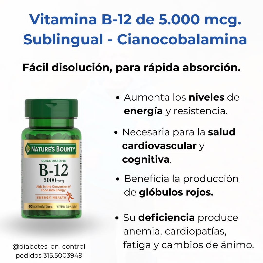 Vitamina B-12. 5.000 mcg. Sublingual. Cianicobalamina. 40 tabletas. Nature's Bounty - Imagen 3