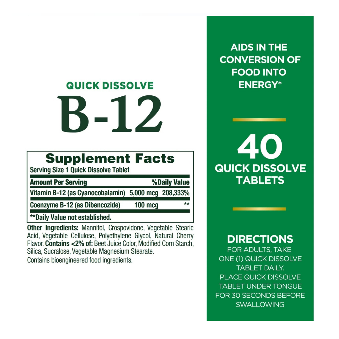 Vitamina B-12. 5.000 mcg. Sublingual. Cianicobalamina. 40 tabletas. Nature's Bounty - Imagen 2